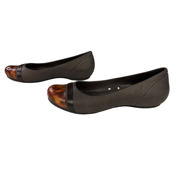 CROCS Cap Toe Tortoise Flats Slip On Womens Brown Size 8 - Picture 3 of 11
